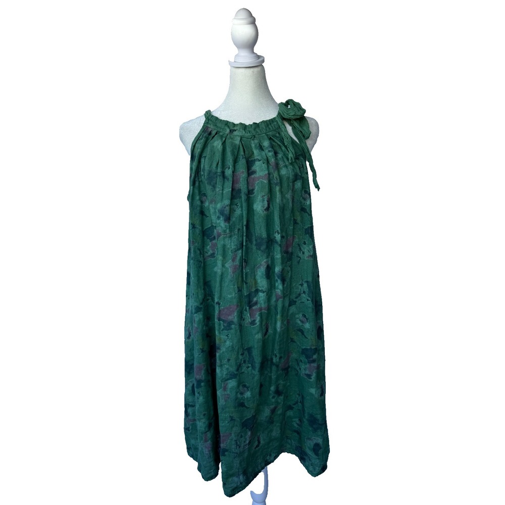 Bellambra Italy Halter Dress L Linen Green Abstract Lagenlook Boho Knee Length